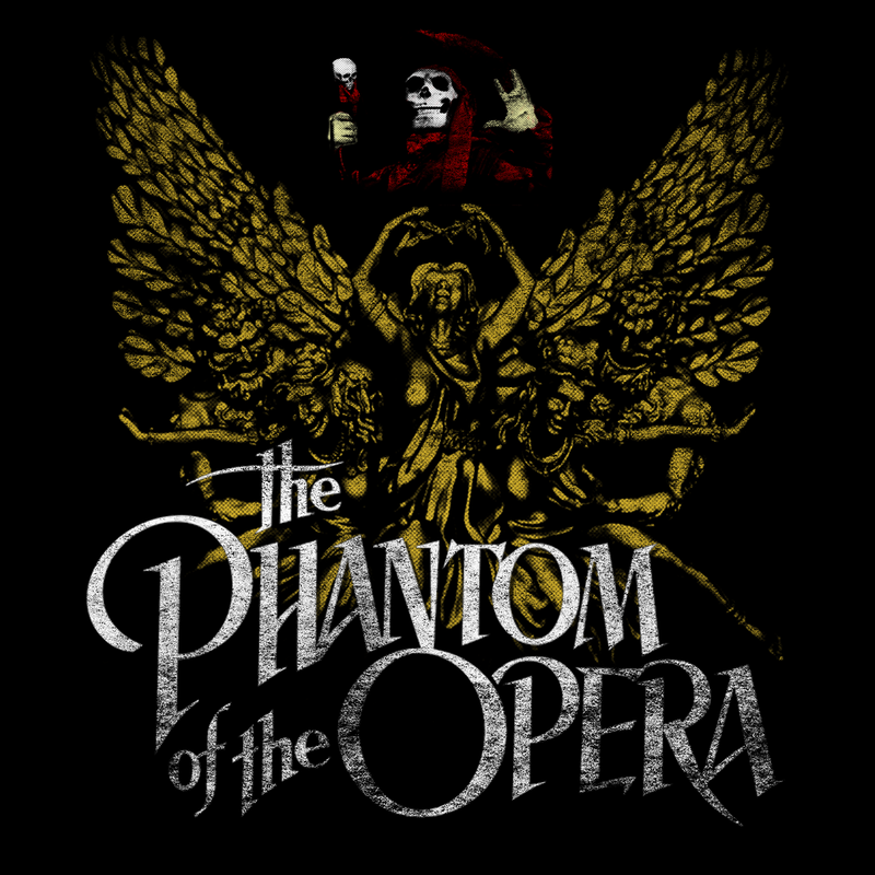 Artwork for 'The Phantom of the Opera' featuring a gothic design. At the top, a skeleton figure dressed in red and black robes holds a skull-topped staff and makes a gesture with its other hand. Below the skeleton, a detailed illustration of winged angels is depicted in a golden hue. The angels appear to be in various dramatic poses, surrounding a central figure. At the bottom, the title 'The Phantom of the Opera' is prominently displayed in an ornate, silver Gothic font.