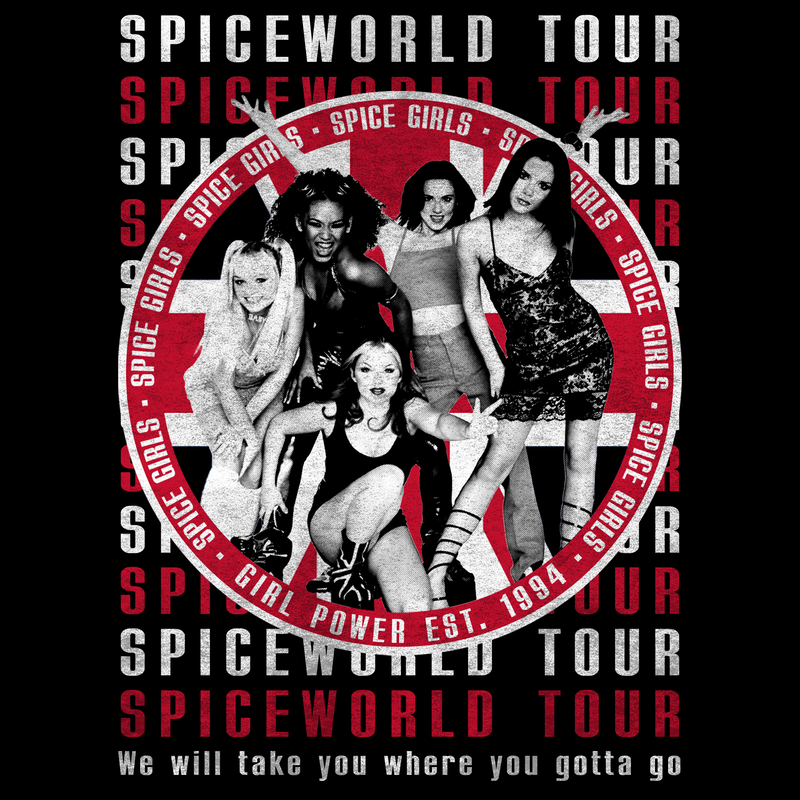 Poster for the Spice Girls' 'Spiceworld Tour.' The center features a black and white photograph of the five Spice Girls posing together in front of a large red and white British flag. Surrounding the photo is a circular border with the text 'Spice Girls - Girl Power Est. 1994' in red and white. The background is filled with the repeated text 'Spiceworld Tour' in white and red. At the bottom, the slogan 'We will take you where you gotta go' is written in smaller white text.